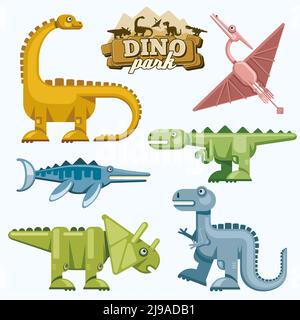 Dinosaur and prehistoric animals flat icons set. Pterodactyl tyrannosaurus triceratops and brontosaurus, vector illustration Stock Vector