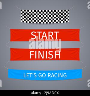Start and finish textile banners vector set. Flag sport race, competition finishing, winner success illustration Stock Vector