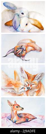 Watercolor infantile illustration set of cute forest animals.  Stock Photo