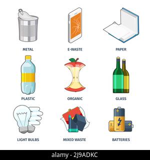 Trash categories icons vector set. Battery and bulb, collection category, energy and paper illustration Stock Vector