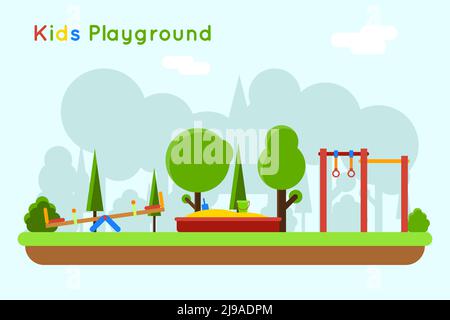 Playground background. Play in sandbox, outdoor kindergarten with sand and toy, vector illustration Stock Vector