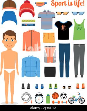 Sport boy. Clothing and sports equipment for fitness. Sportswear, hat, jacket. Vector illustration Stock Vector