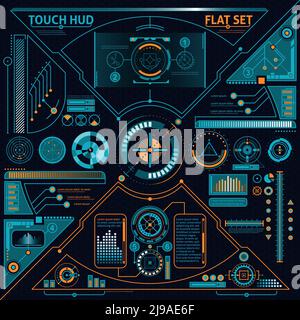 Touch HUD flat set with diagrams and charts on black background isolated vector illustration Stock Vector