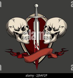 Two skulls with sword and ribbon. Template for tattoo and labels. Vector eps10 illustration Stock Vector