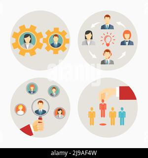 Set of vector business people and staff icons in circles depicting a set of gears for teamwork  a brainstorming group  leadership of a group or team Stock Vector