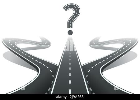 Three roads and question mark. Choosing the right path concept 