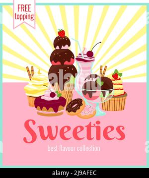 Sweeties retro poster design with a colorful array of ice cream  cakes  cookies  donuts  and cupcakes over a pink background with yellow rays and text Stock Vector