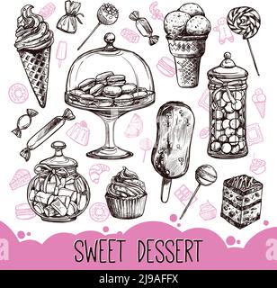 Sweet dessert set with hand drawn cupcakes candies and macarons vector illustration Stock Vector