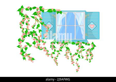 Window with shutters and flowers.Vintage window with climbing plants.Home window with curtains and flowering branches on wall.House facade with plants Stock Vector