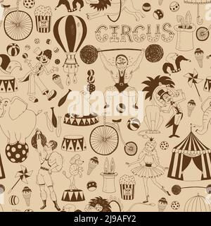 Delicate retro seamless circus background pattern for invitations and wrapping paper with scattered icons of performing animals  the Big Top  performe Stock Vector