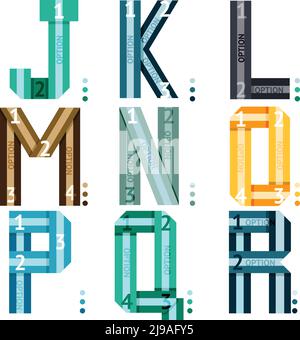 Striped uppercase vector font with alphabet letters and number options and stripes for use in infographics  part of a series of three sets being j-k-l Stock Vector