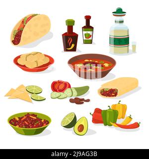 Mexican food icons set. Taco and drink, menu lunch and pepper and meat, burrito and chili. Vector illustration Stock Vector