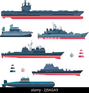 Militaristic ships icons set. Navy ammunition, warship and submarine, nuclear battleship, float and cruiser, trawler and gunboat, frigate and ferry, v Stock Vector