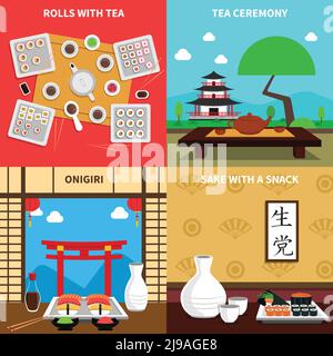 Sushi design concept set with rolls and tea ceremony flat icons isolated vector illustration Stock Vector