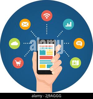 Smartphone apps infographics with a hand holding a phone with linked circular icons for shopping  cloud computing mail wifi analytics speech and route Stock Vector