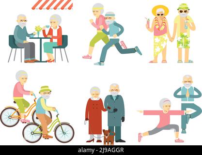 Old people in different poses, gestures, actions and situations. Healthy and active lifestyle for elderly. Stock Vector