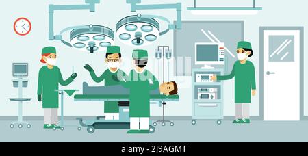 Modern hospital interior with furniture and equipment for operation. Nurses and doctors with sick man on stretcher. Vector illustration in flat style. Stock Vector