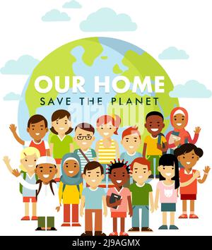 Different international multicultural children standing together in front of the world Stock Vector