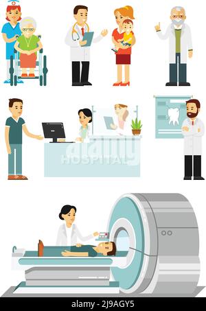 Medical staff and illness people in hospital. Consultation, medical diagnosis and treatment. Vector illustration in flat style isolated on white backg Stock Vector