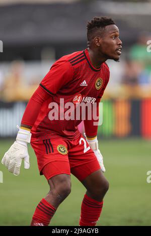 St. Petersburg, FL: Pittsburgh Riverhounds SC goalkeeper Jahmali Waite (26) prepares to make a save during a USL soccer game against the Tampa Bay Row Stock Photo