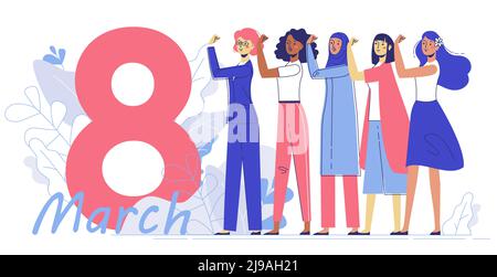 Group of female different characters of diverse ethnicity standing together. Stock Vector