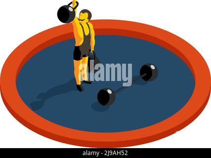Strongman lifting weight. Flat 3d isometric vector. Strength muscular, sport and barbell, artist man, weightlifting athlete illustration Stock Vector