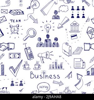 Doodle sketch business icon seamless pattern with financial  teamwork  management  graphs and charts  handshake  brainstorming  documents and mail ico Stock Vector