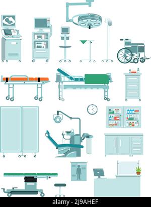 Modern furniture, equipment and tools for diagnostic, treatment and surgery. Vector illustration isolated on white background. Stock Vector