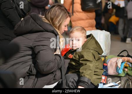 Olga (25) with her son Sviatoslav (2) fleed from Poltava region. Refugees from Ukraine arrive at the train station in Przemysl, Poland, on the 20th day of the Russian invasion of their country. Stock Photo