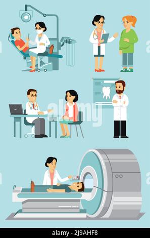 Medical staff and illness people in hospital. Consultation, medical diagnosis and treatment. Vector illustration in flat style isolated on blue backgr Stock Vector