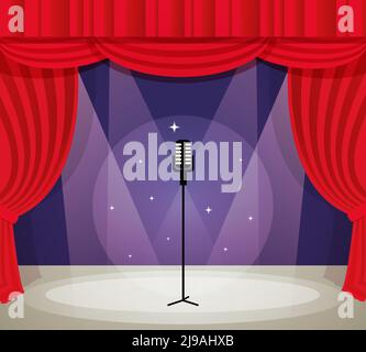 Stage with microphone in spotlight with red curtain background vector illustration. Stock Vector