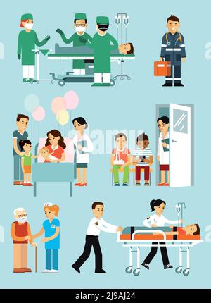 Medical staff and illness people in hospital. Consultation, medical diagnosis and treatment. Vector illustration in flat style isolated on blue backgr Stock Vector