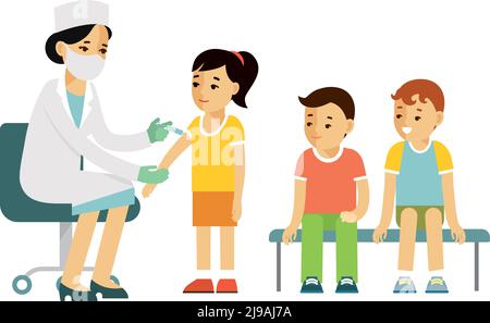 Doctor pediatrician makes an injection of flu vaccine to a kid in hospital. Healthcare, medical treatment, prevention and immunize. Stock Vector