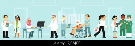 Group of young practitioner doctors men and women in hospital office. Consultation and diagnosis Stock Vector