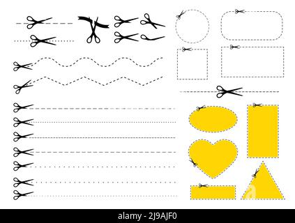 Scrissors cut dotted line mark different shape icon set. Stock Vector