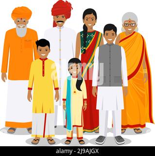 Generations man. Indian people: grandmother, grandfather, father, mother, boy, girl standing together in traditional clothes. Social and Family concep Stock Vector