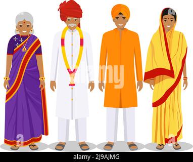 Generations man. Indian people father, mother, grandmother, grandfather standing together in traditional clothes. Social concept. Family concept. Stock Vector