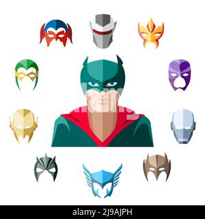 Superhero character, flat design. Set of masks heroes. Vector illustration Stock Vector
