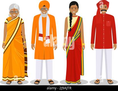 Generations man. Indian people father, mother, grandmother, grandfather standing together in traditional clothes. Social concept. Family concept. Stock Vector