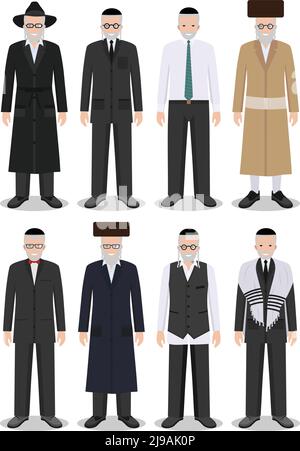 Detailed illustration of different standing jewish old men in the traditional national clothing isolated on white background in flat style. Stock Vector