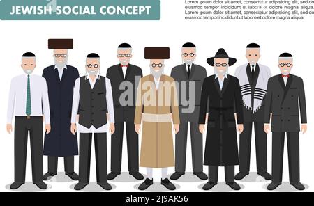 Jewish men standing together in different traditional clothes on white background in flat style. Group old israel people. Different dress styles. Flat Stock Vector