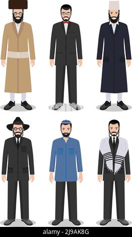 Detailed illustration of different standing jewish men in the traditional national clothing isolated on white background in flat style. Stock Vector