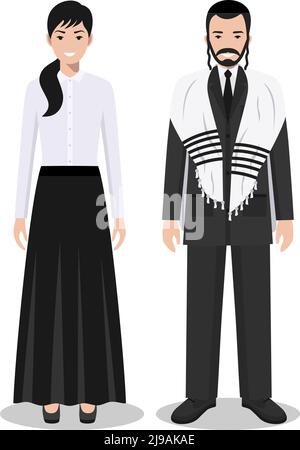 Detailed illustration of standing jewish people in the traditional national clothing isolated on white background in flat style. Stock Vector