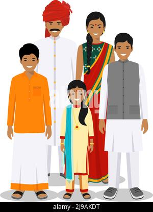 Generations man. Indian people father, mother, boy, girl standing together in traditional clothes. Social concept. Family concept. Stock Vector