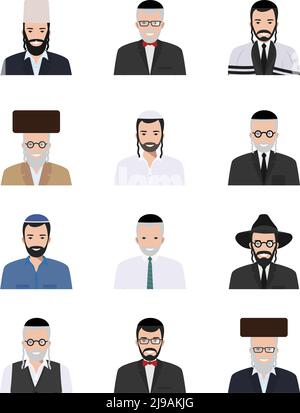 Detailed illustration of different jewish old and young men avatars icons set in the traditional national Israelis clothing isolated on white backgrou Stock Vector