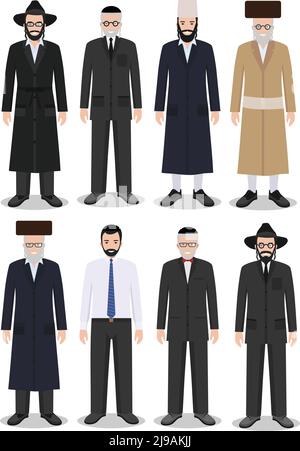 Detailed illustration of different standing jewish old and young men in the traditional national clothing isolated on white background in flat style. Stock Vector