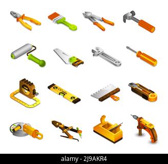 Tools isometric icons set with 3d saw paint roller pliers isolated vector illustration Stock Vector