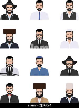 Detailed illustration of different jewish men avatars icons set in the traditional national Israelis clothing isolated on white background in flat sty Stock Vector