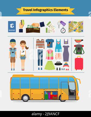 Travel infographics elements. Girl and boy, recreation and leisure and journey. Vector illustration Stock Vector