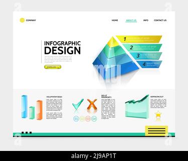 Realistic infographic landing page concept with business pyramid four options bars graph tick and check marks elements vector illustration Stock Vector